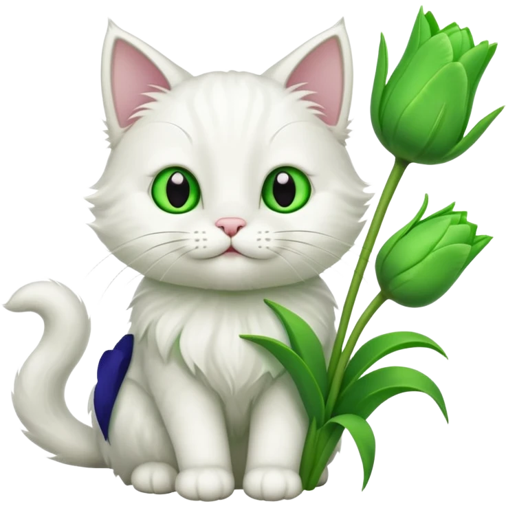 white cat holding green tulips emoji