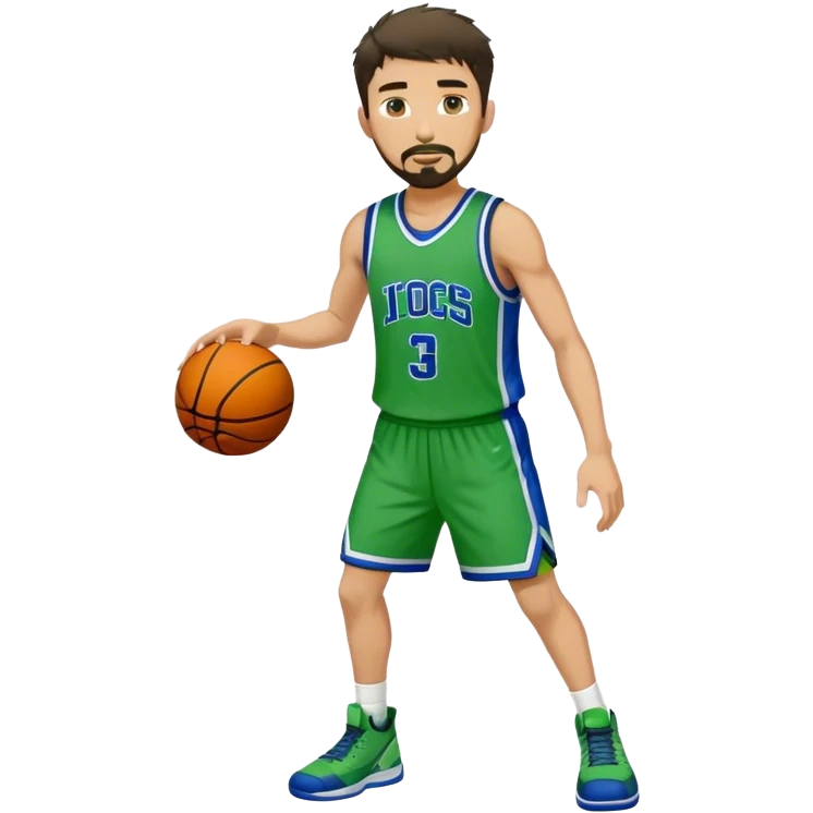 Full Body white male basketball player with short dark shaggy hair and goatee wearing green and blue uniform emoji