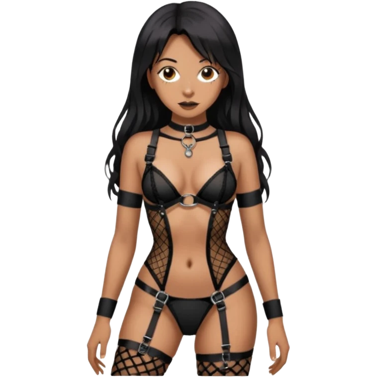 Tan skin with freckles, long dark hair, hazel eyes Dominatrix, wearing BDSM gothic style harness lingerie and black fishnet stockings  emoji