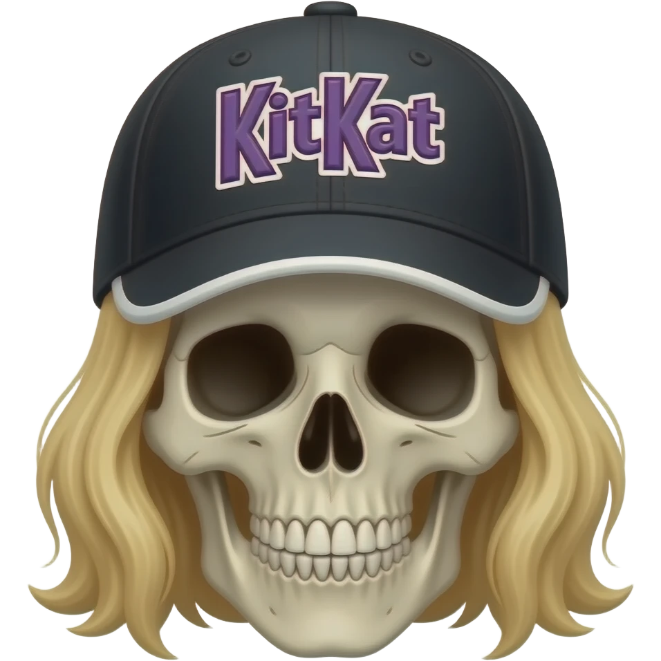 A skeleton head wearing a black baseball cap that says "KitKat" in purple lettering, white bordering, with long blonde hair emoji