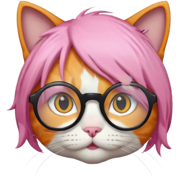 Orange Yellow cat wearing a little pink hair wig, black circle glasses, white T-shirt emoji