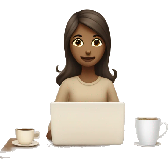 Half face of a girl at the laptop. A a cup of coffee on the left side of the table. Books on the right side. in beige tones emoji