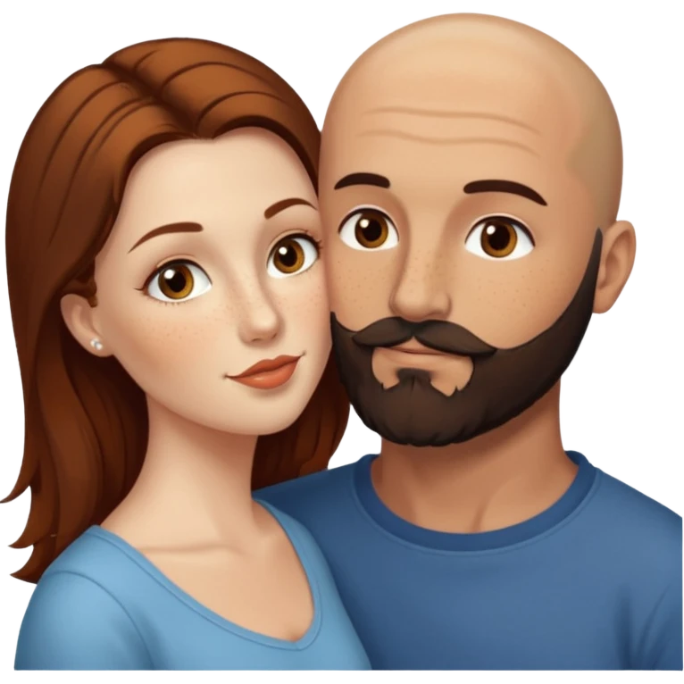Couple. Bald man with dark brown-black beard. White woman with many small, faded freckles, she has white skin and she has auburn-brown-cinnamon, dark long hair. She has light brown eyes. The man have hazel eyes. Retro style. She kisses him on the cheek. emoji