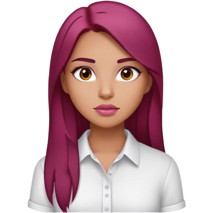 Tan girl, Brown eyes, pink lips, dark brown eyebrows, long straight dark red hair, white shirt emoji