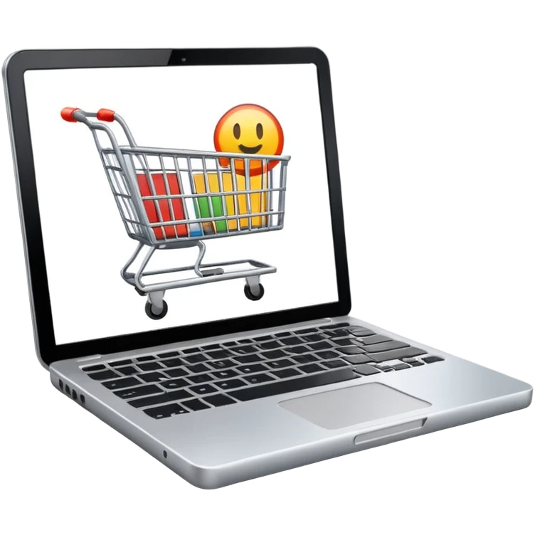 a laptop with a shopping cart on a white screen emoji
