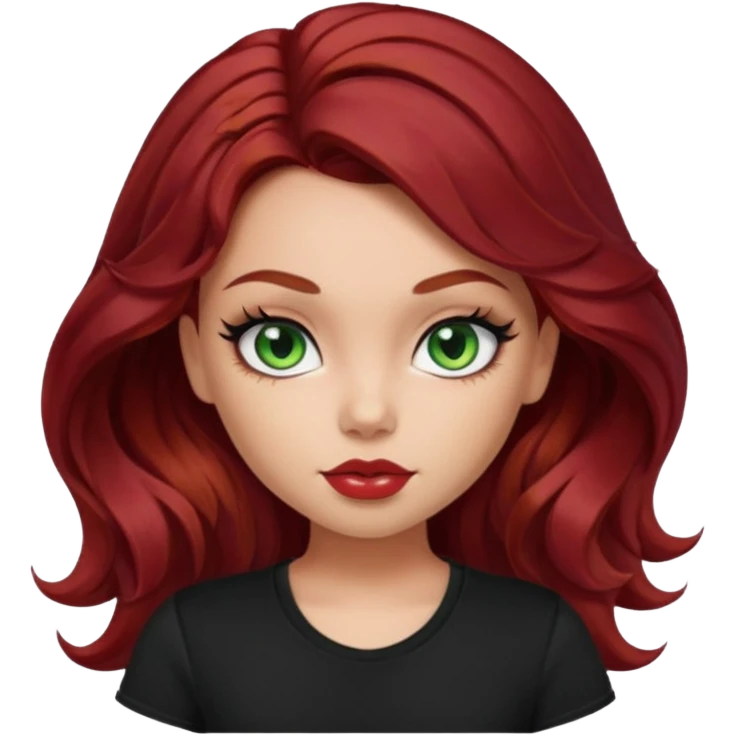 a pretty fair bratz girl with wavy dark red hair, wearing a black tee. eyeliner on, green eyes emoji