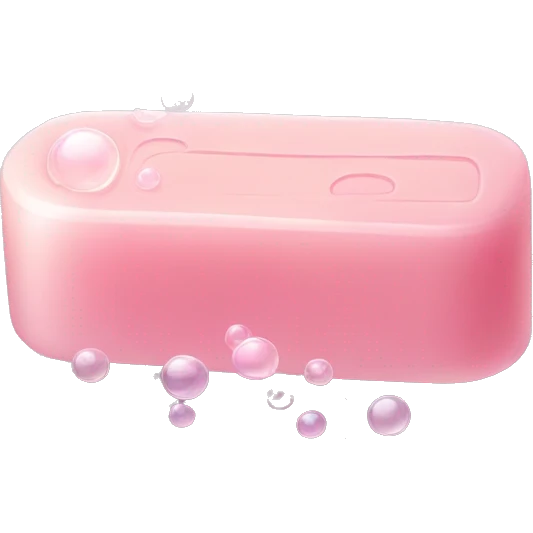 Light pink soap bar sitting on a soap holder, with soap bubbles  emoji