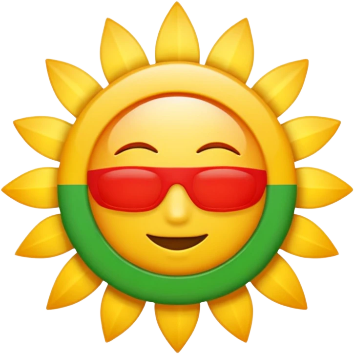 A flat emoji-style icon with three horizontal stripes: red on top, white in the middle, green on the bottom. A bright golden sun in the center with exactly 21 evenly spaced rays. Simple shapes, bold colors, no text, no gradients, transparent background, clean system-emoji look. emoji