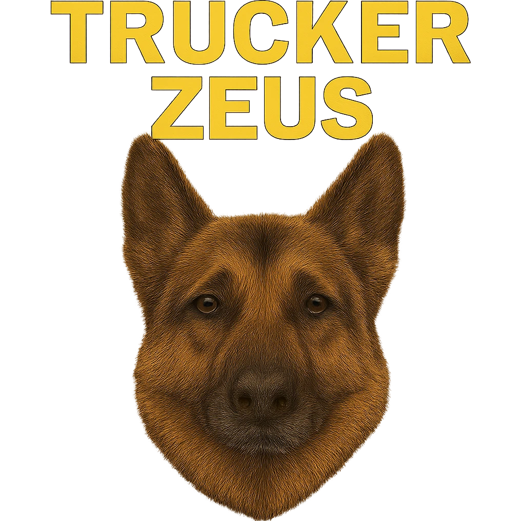 Make the background fully transparent while keeping the realistic German Shepherd and the yellow 'Trucker Zeus' text intact. Maintain maximum compression for the image. emoji