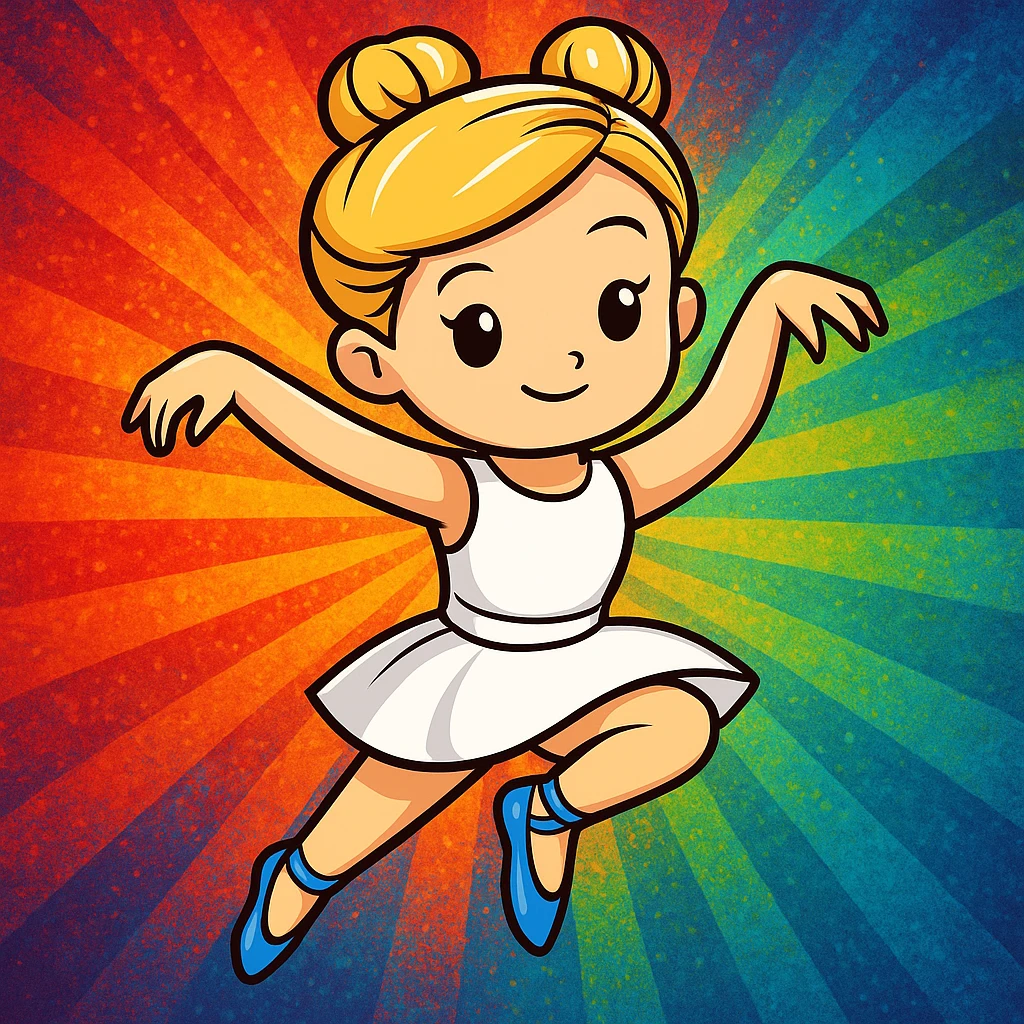 Add a vibrant, colorful background behind Dana Dawson in a dance pose, keep the original cartoon sticker style emoji
