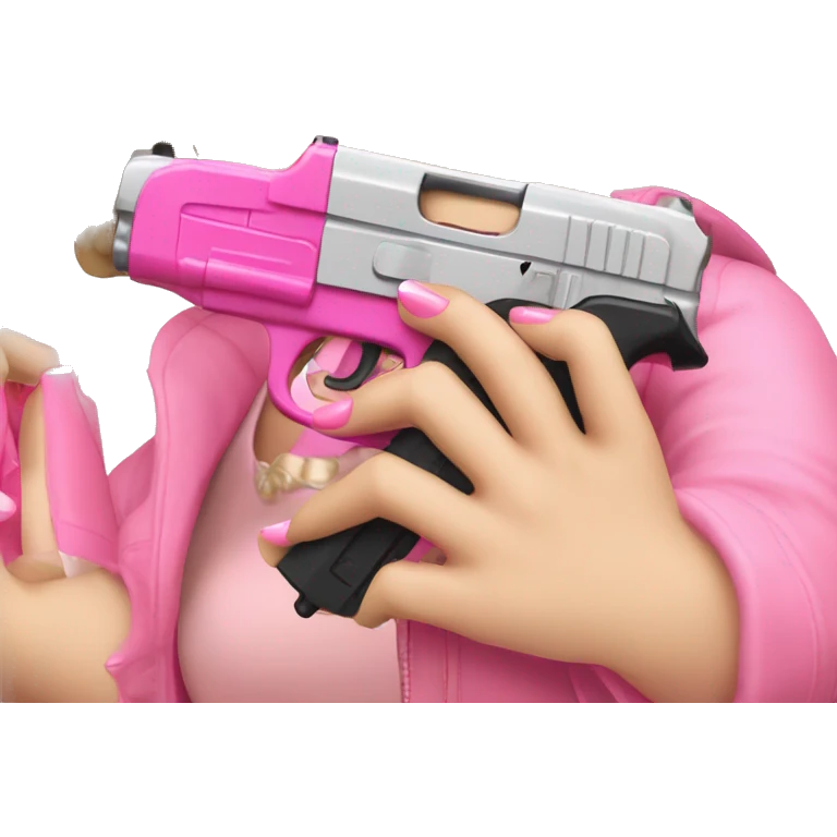 White Girl brunette hand pink nails holding pink gun emoji