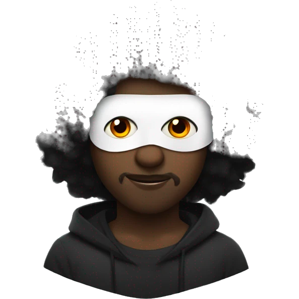 black haired guy with fluffy hair and a white winged eye mask with black on the inside and he has red eyes emoji