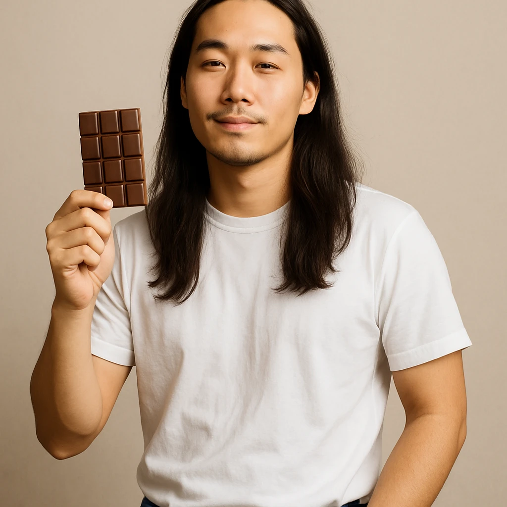 long haired Asian man with chocolate bar, wearing white T-shirt and jeans, relaxed expression emoji