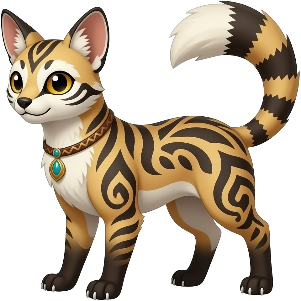 Tribal-patterned aesthetic quadrupedal elegant oriental feral painted Genet-Litten-Luxray-Sprigatito-Furret-Sylveon-animal-Fakémon-fusion-hybrid-creature emoji