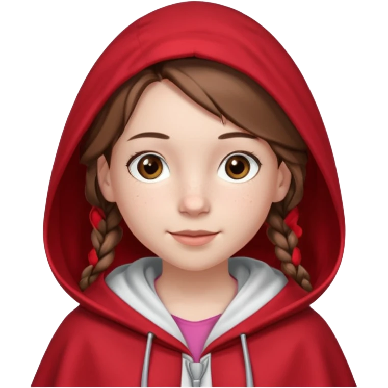 A 12-year-old girl, with fair skin, freckles, and a warming smile that shows her pale pink lips. She has big brown eyes and normal eyebrows. Her brown hair is styled in French braids that reach her breasts. She wears a bright red hooded cloak with the hood drawn over a pretty white tank top. emoji