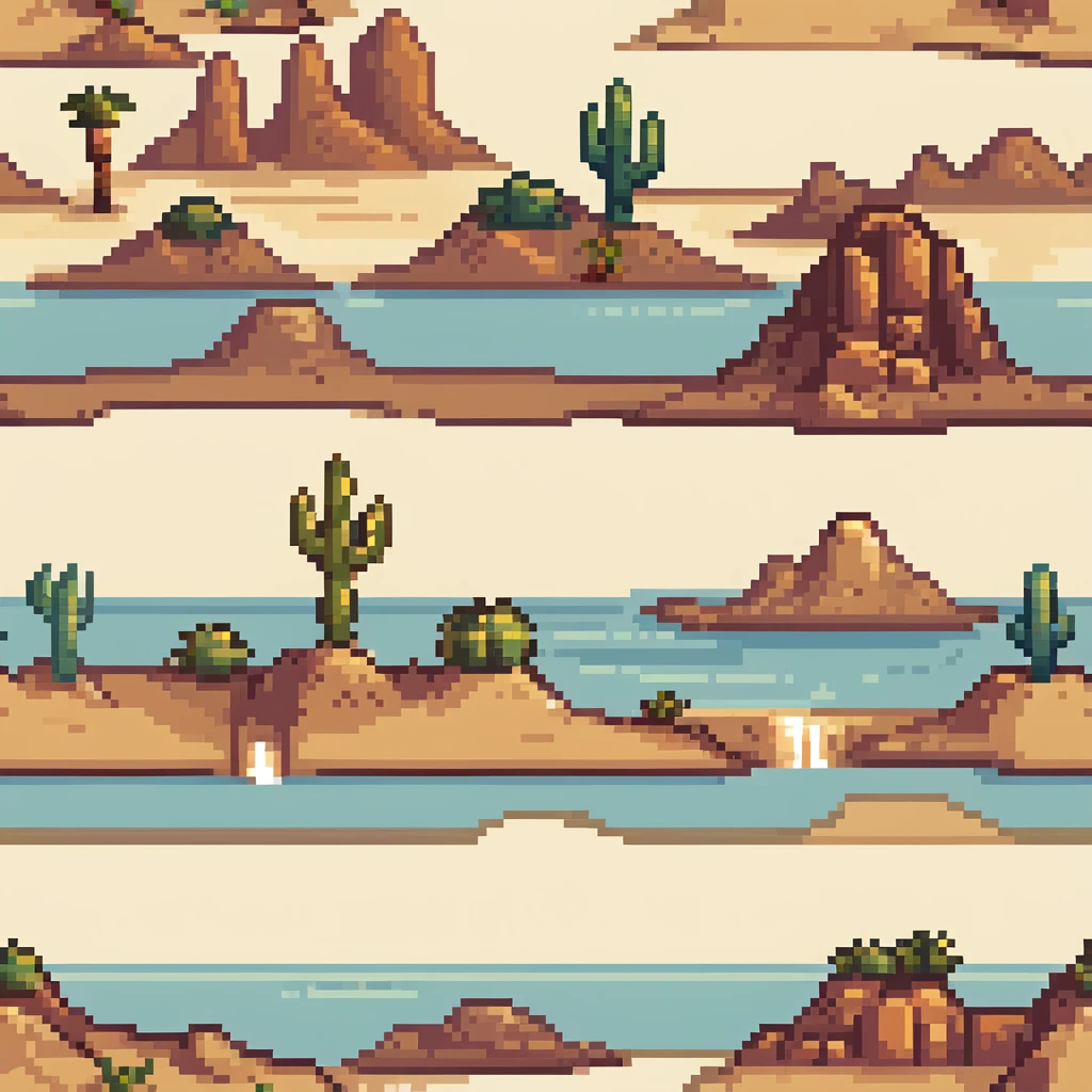 desert tile set with sand dunes, cacti, rocky formations, oasis with palm trees, desert shrubs, and ancient ruins emoji