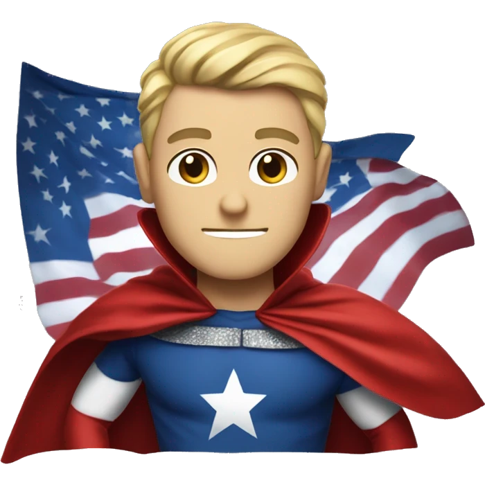 Emoji of Homelander from ‘The Boys’ series. USA flag-inspired costume with cape (red, blue, white). Confident, slightly menacing expression. emoji