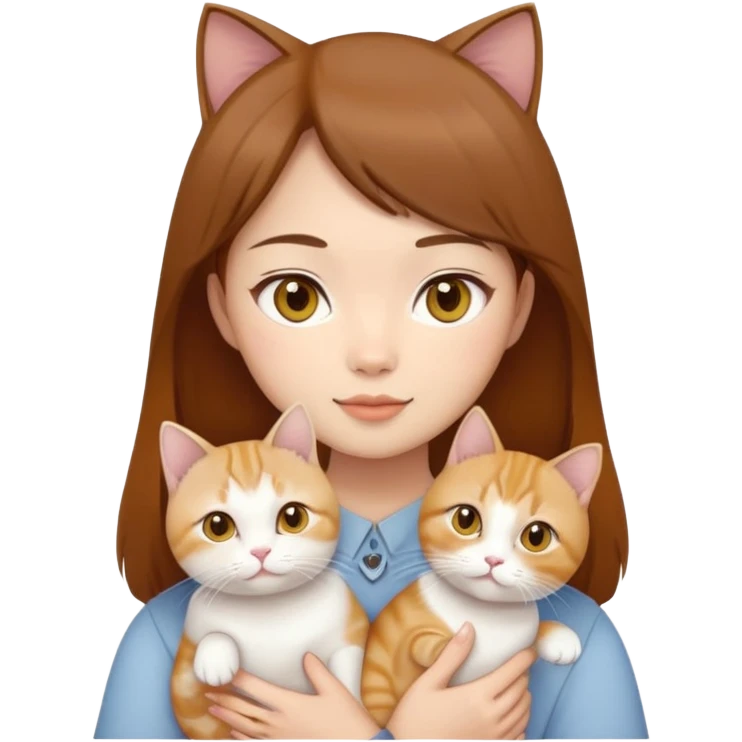 Asian girl, brown hair, brown eyes holding three cats one ginger, one yellow white one British short hair and cream colour emoji