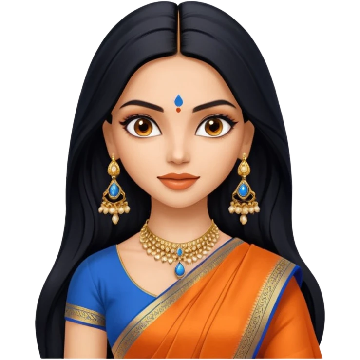 generate a pretty bratz Deepika Padukone with long black hair middle parted.
Wearing an orange saree with a blue blouse, golden jhumkas
SHe shoudl look like deepika padukone emoji