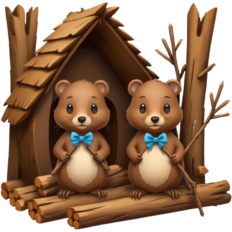 a beaver couple, one a female with a bow on her head in a beaver home made of sticks and logs emoji