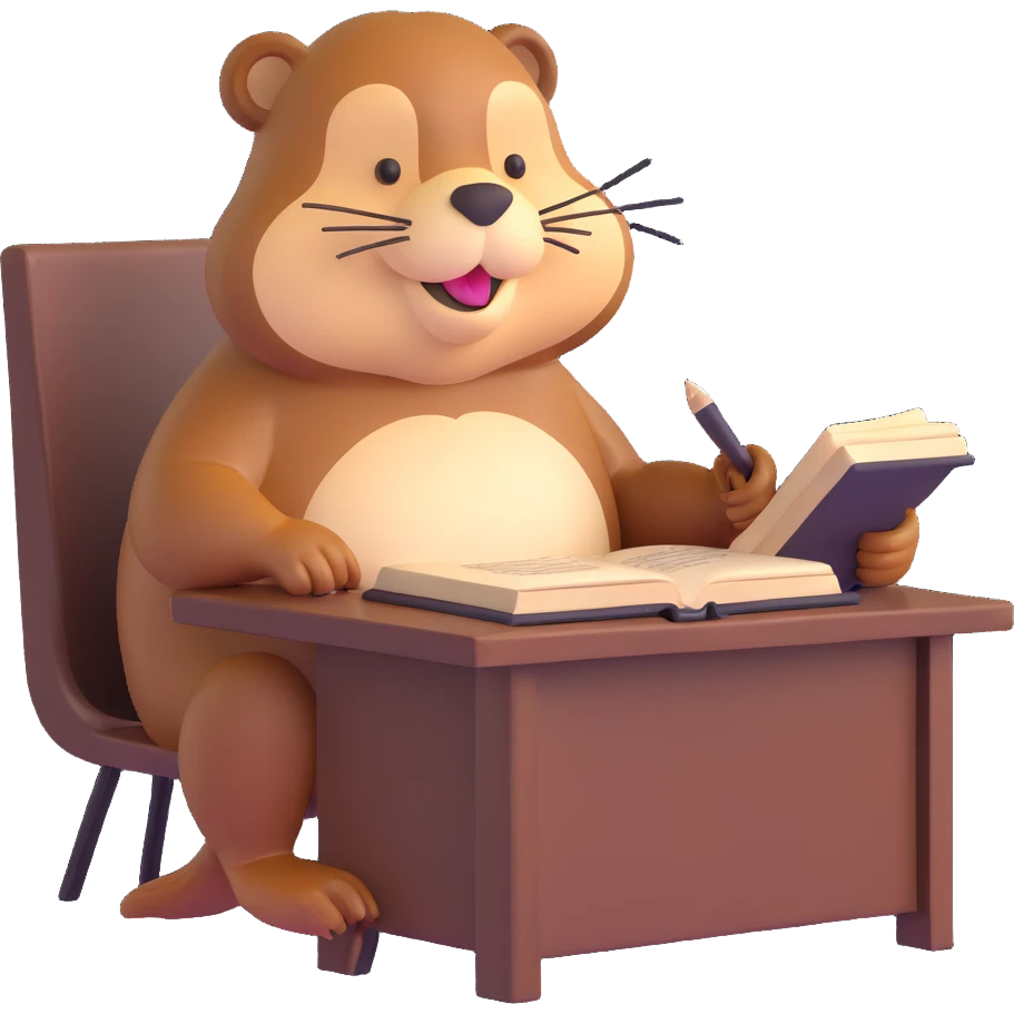 beaver studying at a desk with open book emoji