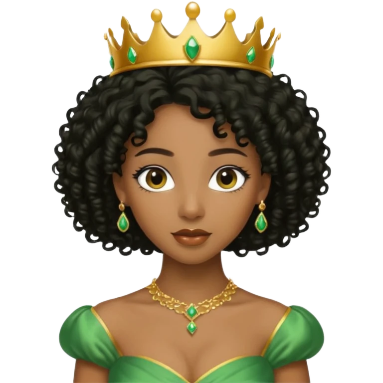 balck princess with black curly hair and a golden tiara. Green dress emoji