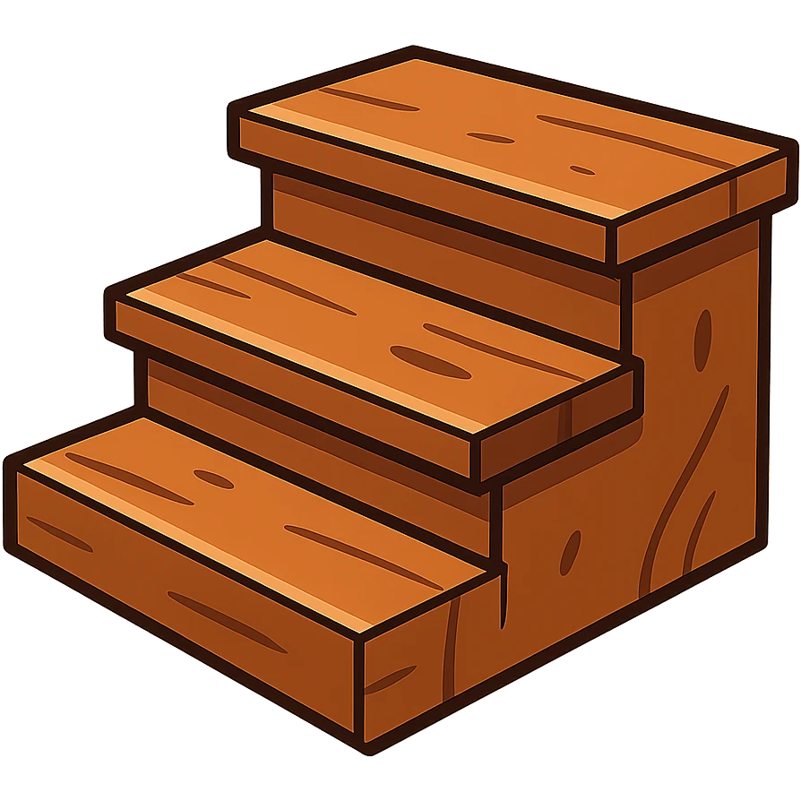 three wooden steps, cartoon style, warm brown wood emoji