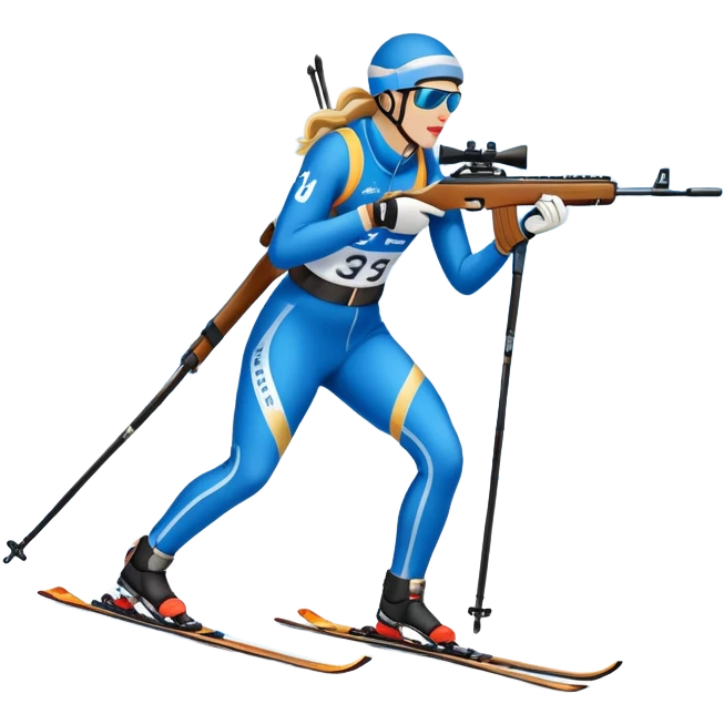 An icon showing a biathlete skiing on a snow-covered Olympic track with a rifle on their back. Cheering fans fill the stands. Majestic mountains, snowy trees, and a bright blue sky complete the scenic winter landscape. Transparent background captures the spirit of biathlon. emoji