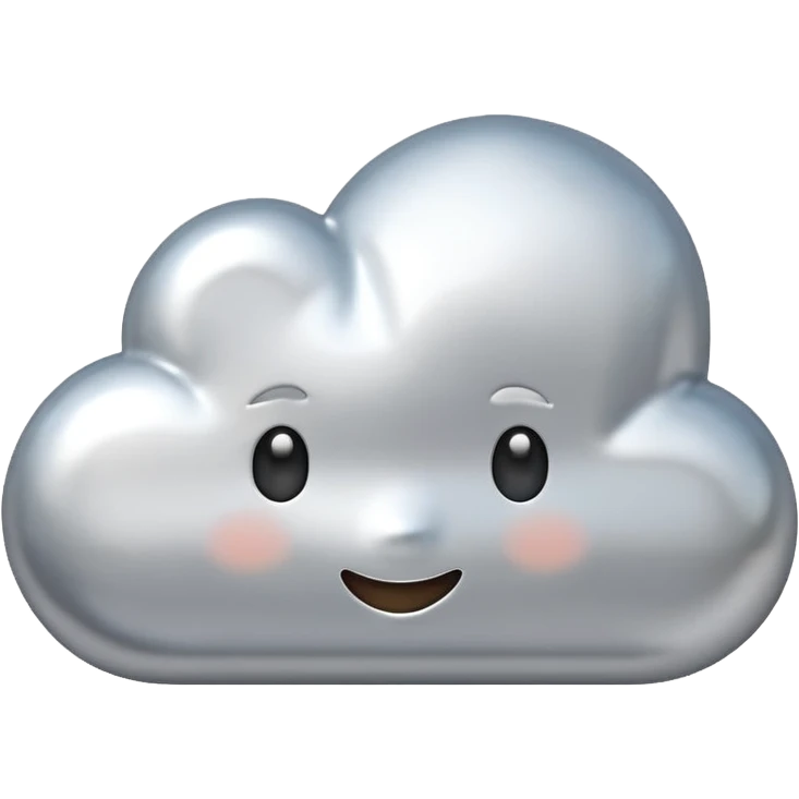 A cute cloud emoji made of silver chrome, smooth rounded shape, glossy metallic surface, soft reflections, minimal and friendly design, iOS emoji style, centered, clean white background, soft lighting emoji