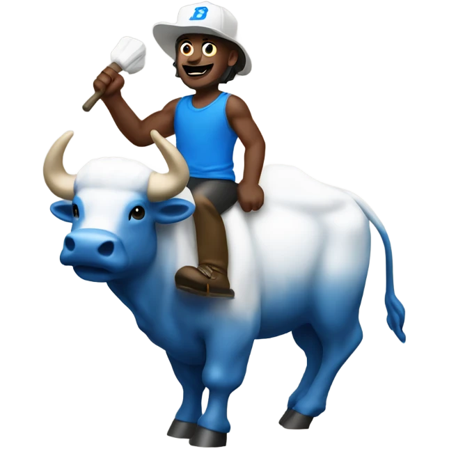 Guy riding buffalo wearing blue and white foam finger emoji