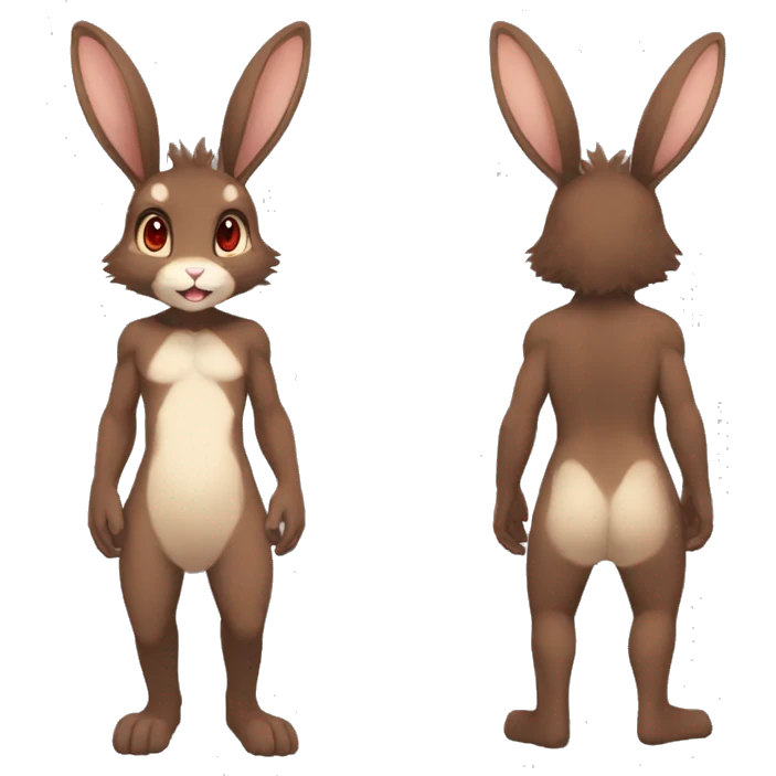 Anthro, Fur-Sona, Dark-Brown, Normal-type-Ground-type Tan-Rabbit-Fakémon with Dark-Red eyes, beige belly, beige paws, beige feet, beige freckles, full body emoji