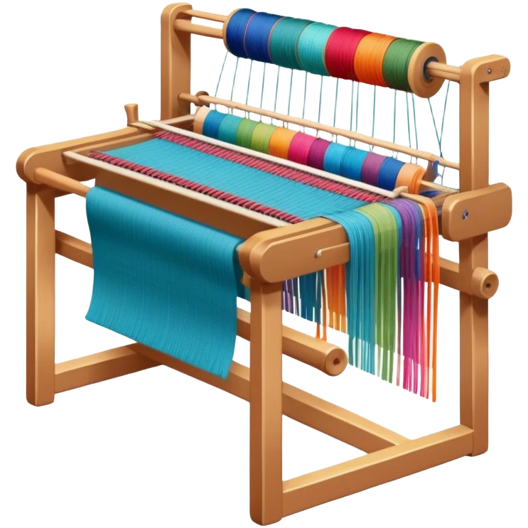 Weaving icon, loom with colorful fabric being woven, visible shuttle, spools of yarn, fabric swatches, sewing patterns, and finished clothes, minimalistic style, clean lines, transparent background. emoji