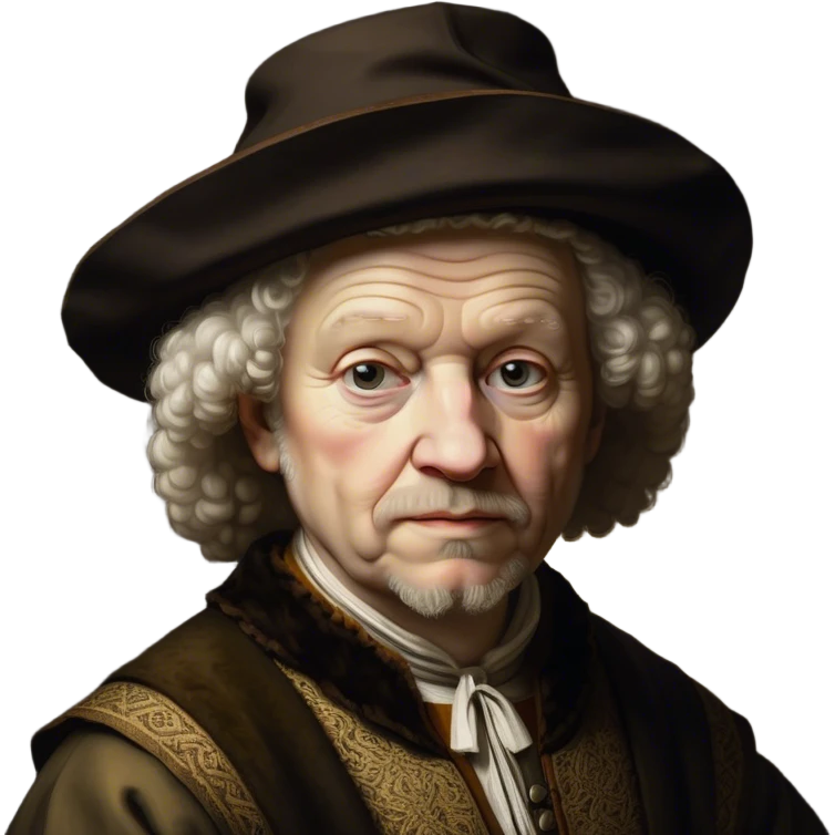 Cinematic Realistic portrait of Rembrandt, shown as a master artist with deep, introspective eyes and richly detailed period clothing, rendered with dramatic chiaroscuro lighting that emphasizes his legacy emoji