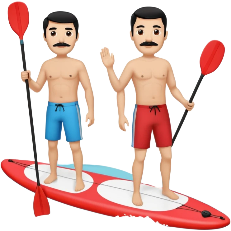 Make a couple paddle boarding both white skin and black hair and the guy has a black mustache, both in the same paddle board emoji
