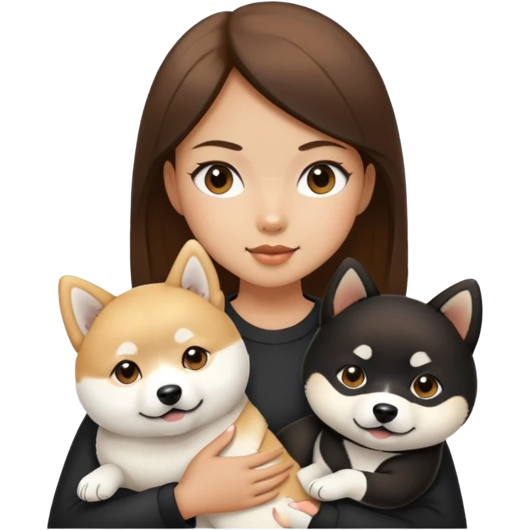 Brunette girl holding a white shiba inu and a black Shiba Inu emoji
