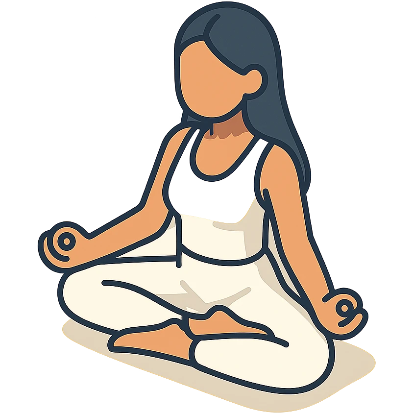 a woman with long dark hair, wearing a white yoga outfit, sitting in lotus pose facing forward, 2D isometric illustration style, matching the reference image emoji