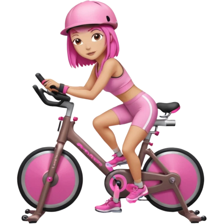 Light tan girl with a brown bob hat style with pink highlights in a pink workout set leaning on a indoor cycle bike, no helmet but add pink hair highlights  emoji