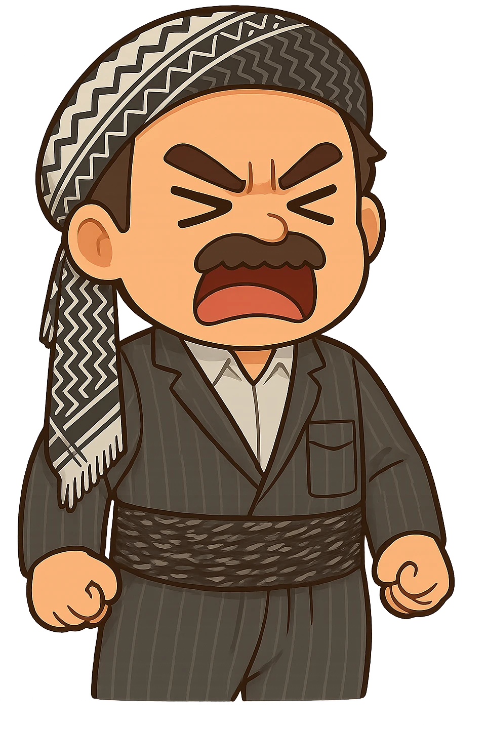 Cartoon sticker of a Kurdish man with the exact same clothes and scarf as the reference image, no changes to clothing or scarf. Face showing anger and rage with furrowed eyebrows and mouth either open or closed. Both hands clenched into fists at the sides of the body. Colorful and cheerful style, no shadows or color halos around the image, no text. Suitable for WhatsApp and Instagram, with a completely transparent background. emoji