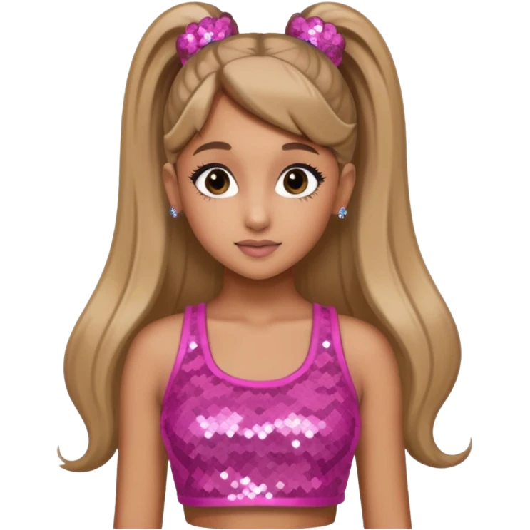 Ariana Grande with long dark blonde ponytail hair, pink sequin crop top emoji