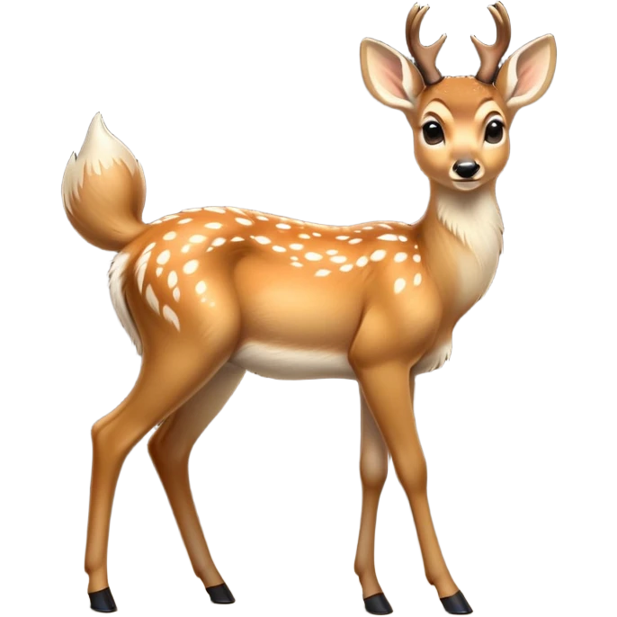 cinematic-[deer]-realistic-full-body-standing on all fours-emoji,-tail-tucked-close,-head-tilted-dramatically,-sleek-[fawn]-fur,-simplified-yet-realistic-focused-features,-highly-detailed,-glowing-with-an-almost-sarcastic-glow big antlers emoji