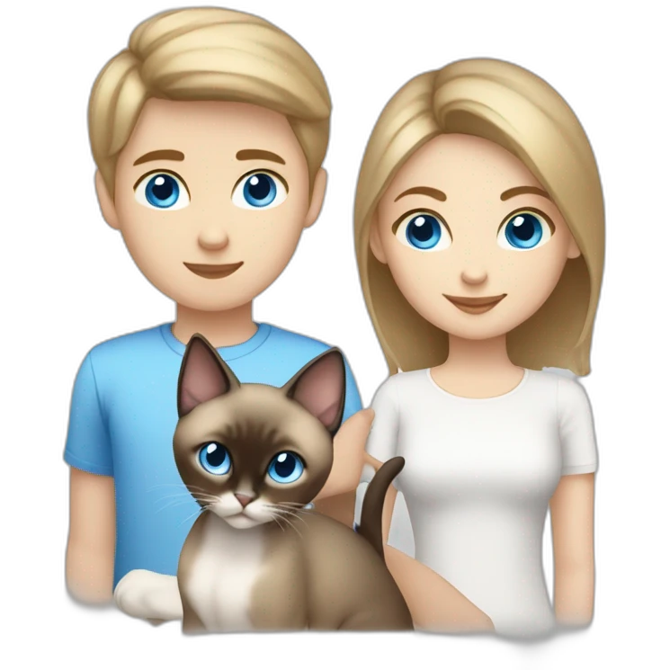 Brown short haired girl with blond boy blue eyes and blued eyes Siamese cat emoji