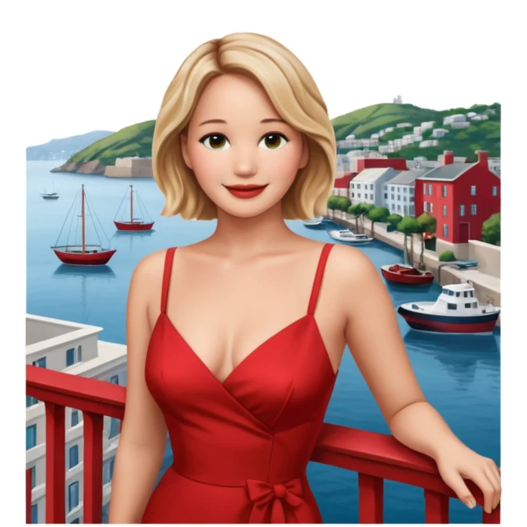 jennifer lawrence, closeup portrait , leaning on a balcony with a harbor and cityscape in the background, smiling, red dress  emoji