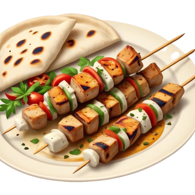 cinematic-realistic-souvlaki-dish-emoji,-showcasing-skewered,-grilled-chicken-with-mediterranean-spices-rendered-with-dynamic-textures-and-warm,-appetizing-lighting on pita bread on a plate emoji