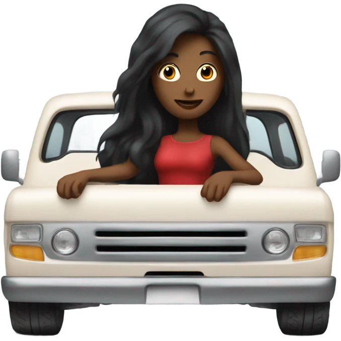 A white lady with long black hair, driving an older red pick up truck emoji