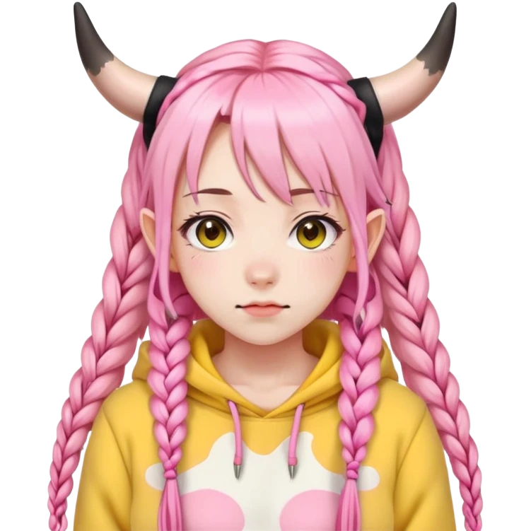 En anime-jente med rosa lange fletter, ku-horn og ku-ører, sort BH-topp over en gul crop-fleece-genser emoji