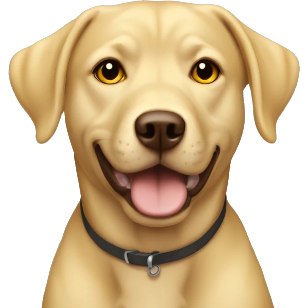 Lab pit mix with golden yellow color, two front teeth slightly visible, brown eyes and sitting emoji