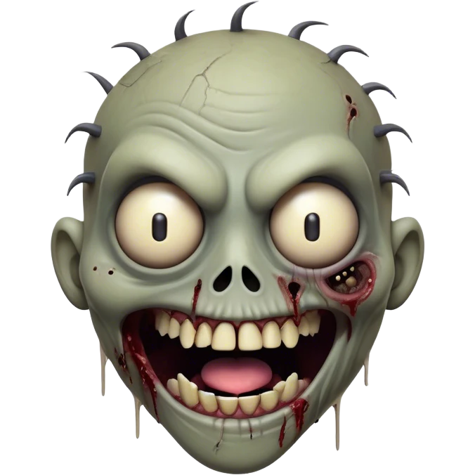 Cinematic Comical Zombie Portrait Emoji, with a grotesquely exaggerated yet playful decaying face in muted ashen tones, head cocked in a dramatically shocked expression with wildly comical, googly eyes and a gaping, silly grin revealing quirky stitches, simplified yet hilariously expressive, highly detailed with a soft eerie glowing outline capturing the absurd humor of a zombie in comic disbelief! emoji