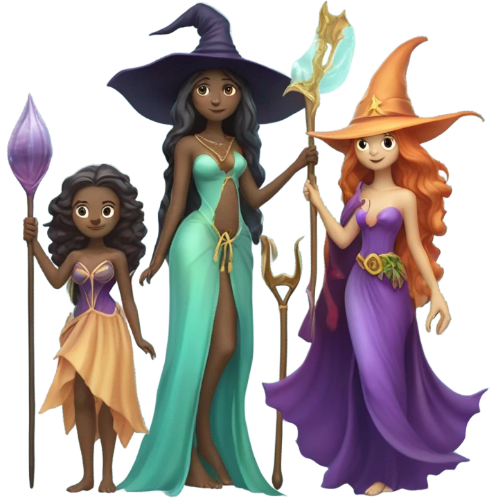 A group of 5 friends, consisting of a female witch, a female wizard, a male merman, a female fairy, and a female siren emoji