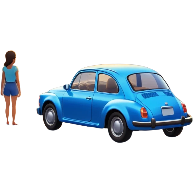A parked blue car sits quietly on the side of an open road, facing a breathtaking sunset. Two people stand outside, backs turned, watching the horizon. The road stretches endlessly ahead, surrounded by a peaceful, glowing landscape full of light, warmth, and possibilit emoji