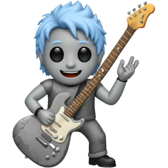 a rock with a happy face that is holding up a rock and roll hand and an electric guitar emoji